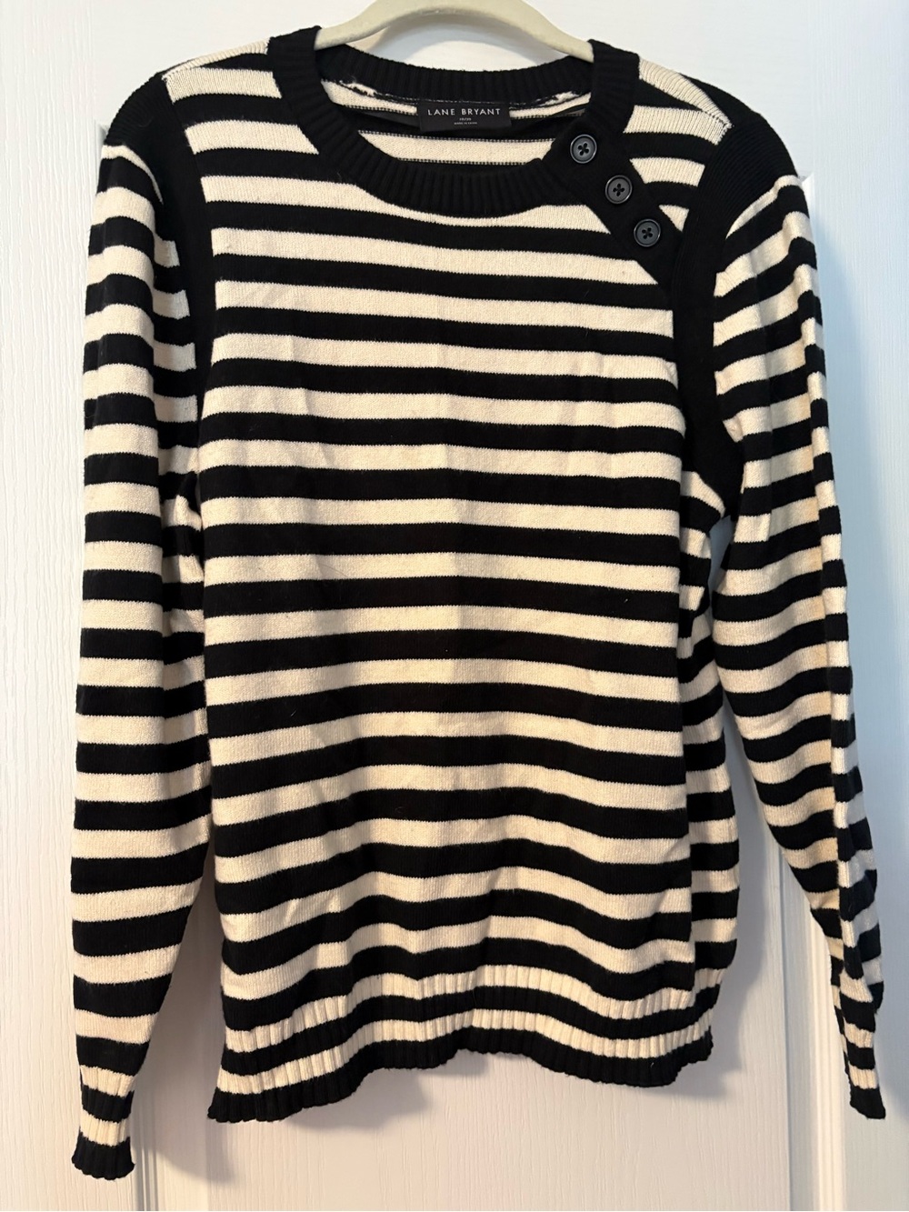 Lane Bryant Black & Cream Striped Crewneck Sweater with Button Shoulder